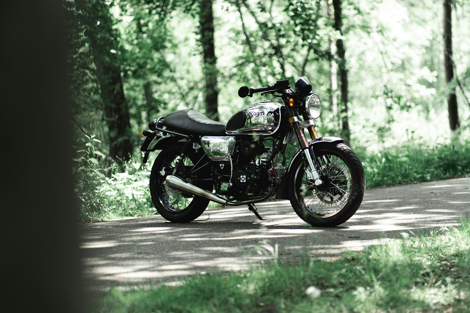 Motorcycle parked on a tree-lined road